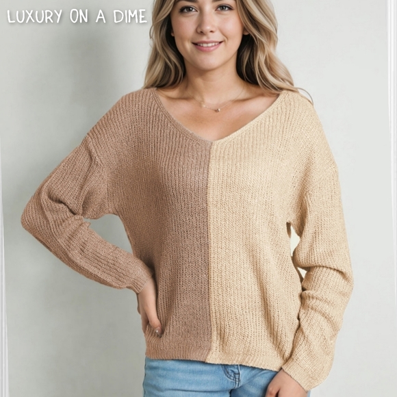 Sweaters - Color Block Two-Tone Contrast V-Neck Lightweight Shirt Pullover Knit Sweater Top